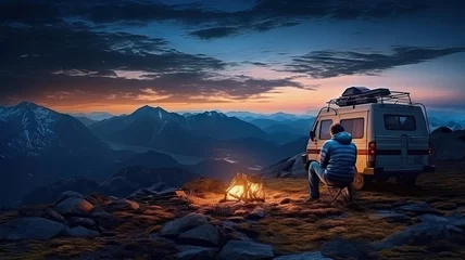 Poster Sunset in the mountains with camper van and tourist background © Virtual Art Studio