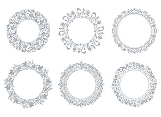 Set of decorative frames Elegant vector element for design in Eastern style, place for text. Floral gray and white borders. Lace illustration for invitations and greeting cards