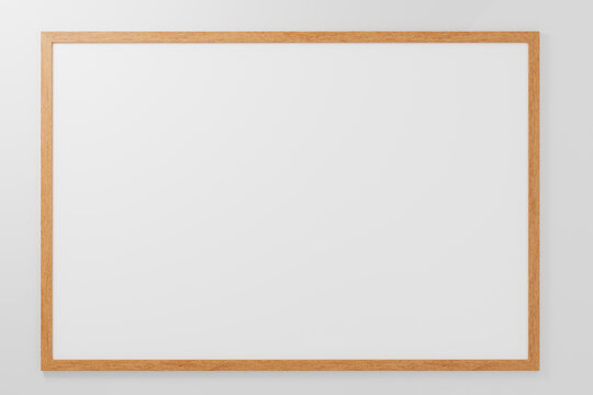 Poster frame with blank white space. mockup wooden frame horizontal position. Blank picture frame mockup on gray wall