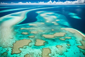  Great Barrier Reef from above, showcasing a mosaic of coral atolls, turquoise waters, and sandy islets 
