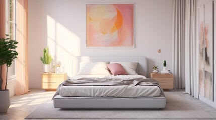 modern minimalistic bedroom in pastel sublte colors