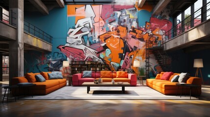 Abstract modern open space interior with colorful furniture and abstract graffiti on front wall