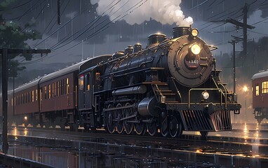 a train departing from a station surrounded by mist and drizzling rain