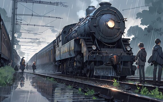 a train departing from a station surrounded by mist and drizzling rain © Tingki