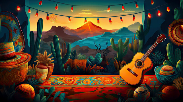 banner with mexican holiday landscape. Cacti and desert with flags, empty center, copy paste.