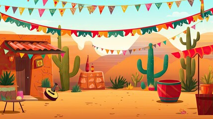 Obraz premium Festive Mexican background, copy paste. Desert and cacti, Mexican hat and guitar