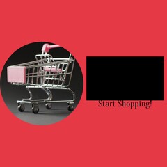 Start shopping text with shopping trolley on red background