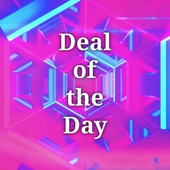 Composite of deal of the day text over purple and blue neon lines