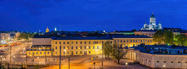 Helsinki Finland, night panorama city skyline at Helsinki Cathedral and Market Square