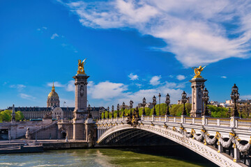 Paris France, city skyline at Seine River with Pont Alexandre III bridge