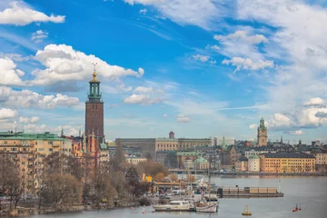 Fotobehang Stockholm Sweden, city skyline at Stockholm City Hall and Gamla Stan © Noppasinw