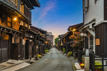 Takayama Gifu Japan, sunrise city skyline at Takayama old town Sannomachi street in autumn season