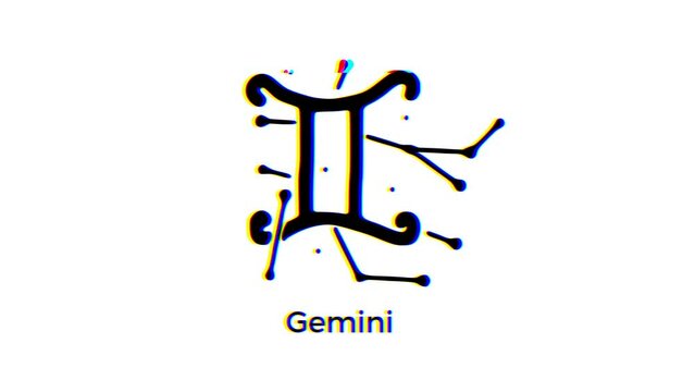 Gemini zodiac sign with glitch effect on white background. Astrological constellation motion graphics