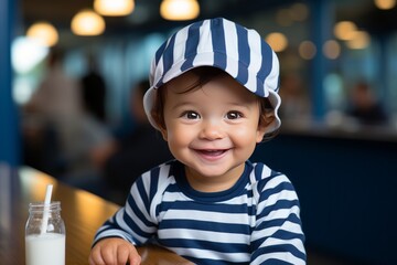 Smiling baby wearing a classic sailor outfit complete with a cap and striped onesie, Generative AI