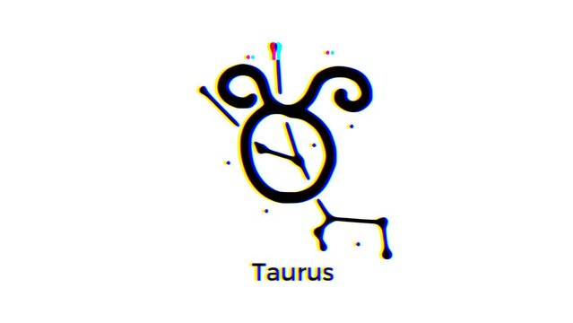Taurus zodiac sign with glitch effect on white background. Astrological constellation motion graphics