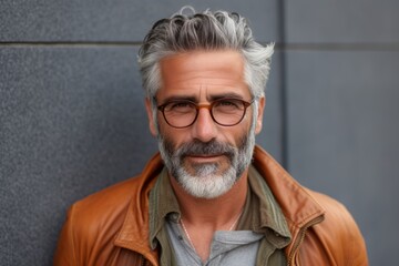 Portrait of a handsome middle-aged man with gray hair wearing glasses and a brown leather jacket. - obrazy, fototapety, plakaty