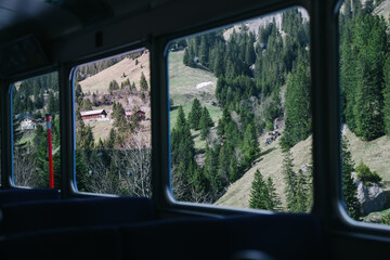 Cogwheel train window view of railway track Rigi Kulm line, Switzerland.