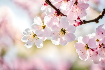 Extreme close-up of abstract blurred cherry blossoms in spring, soft pink and white petals abstract background, isolated background for business