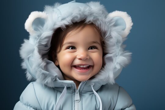 Smiling baby wearing a fluffy bunny costume with floppy ears, Generative AI