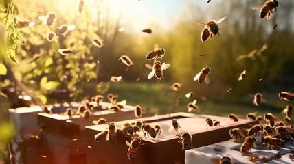 Schilderijen op glas Honey bees swarming and flying around their beehive in the morning. © Yuwarin