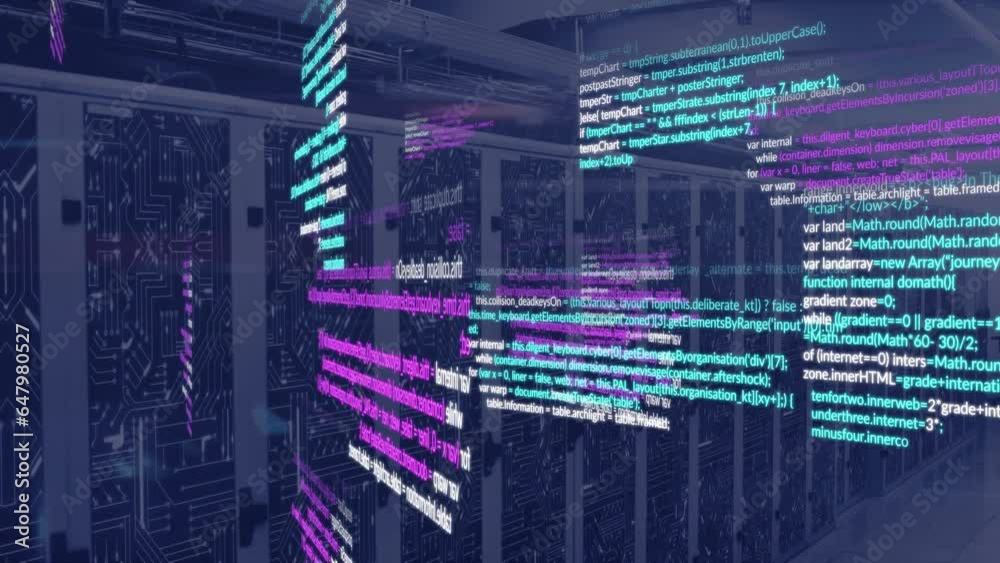 Poster animation of computer language and circuit board pattern over data server racks in server room
