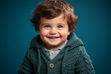  Smiling baby wearing a knitted cardigan and booties, looking cozy and warm, Generative AI