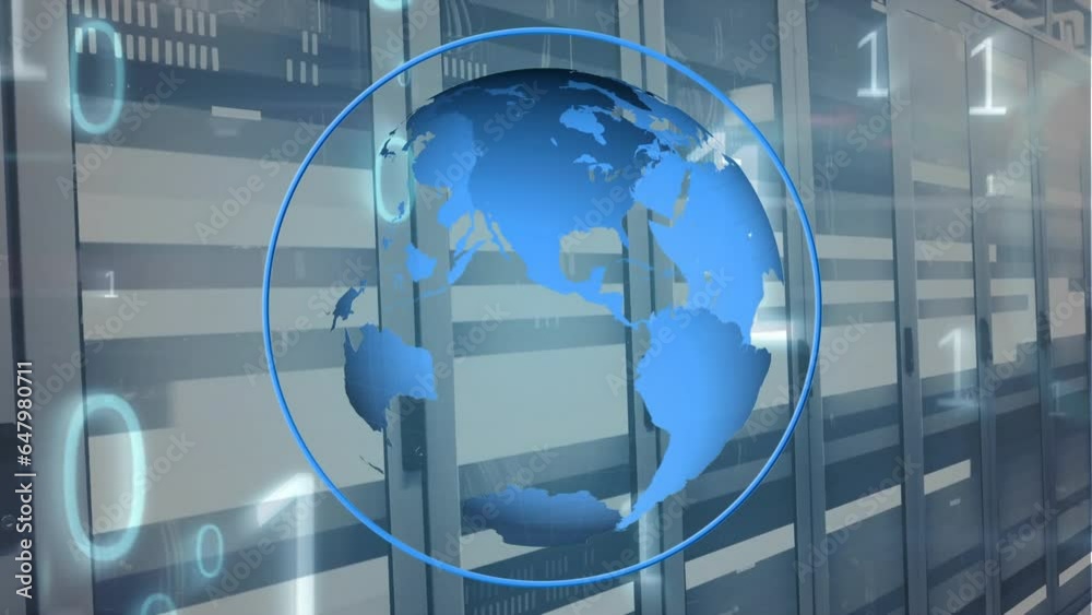 Poster animation of globe in circle and falling binary codes over moving bars on data server racks