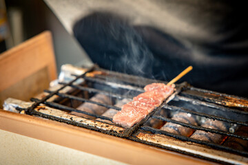 Famous Hida beef of Hida Takayama City. Ready to be cooked for tourists who want to taste it.