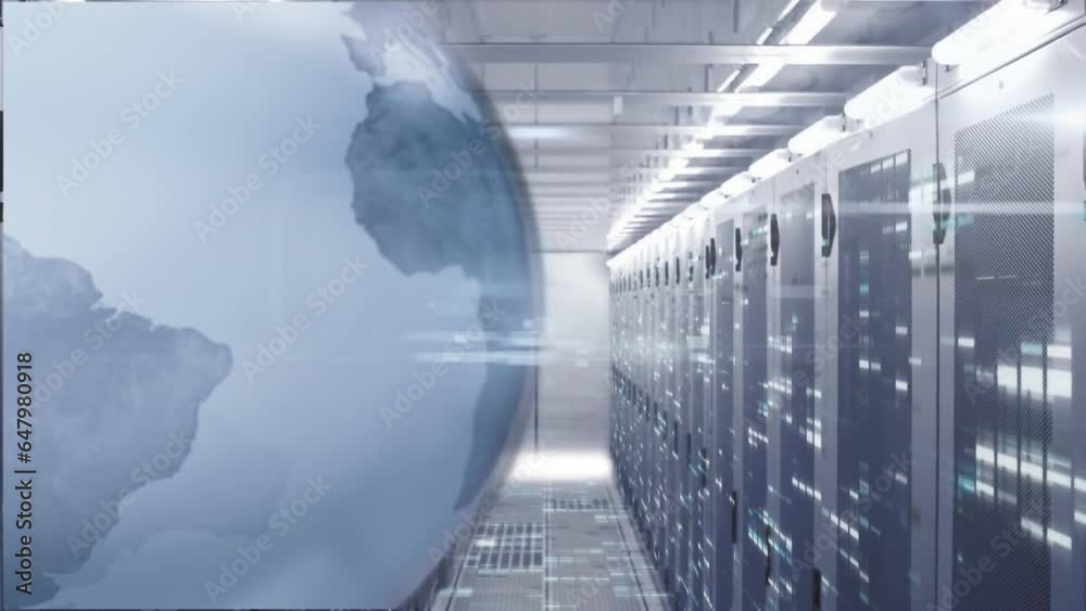 Poster Animation of rotating globe over bars on data server systems in server room