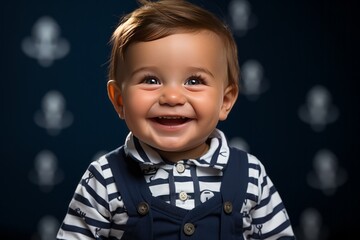 Smiling baby wearing a nautical-themed stripes, Generative AI