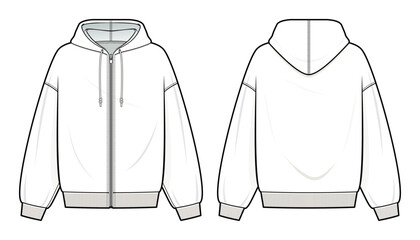 white Zipper Hoodie technical fashion illustration. hoodie vector template illustration. front and back view. oversized. drop shoulder, Zipper front opening. unisex. white color. CAD mockup set. - obrazy, fototapety, plakaty