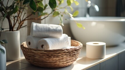 Fototapeta na wymiar Basket with paper rolls on ceramic toilet bowl in modern bathroom.