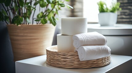 Photograph of Basket with paper rolls on ceramic toilet bowl in modern bathroom.