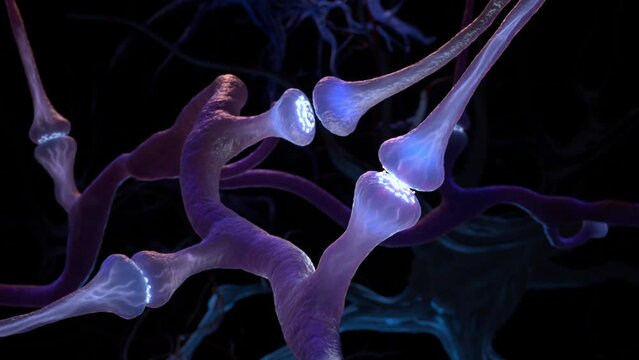 Synapse and Neuron cells send electrical chemical signals. 3D animation