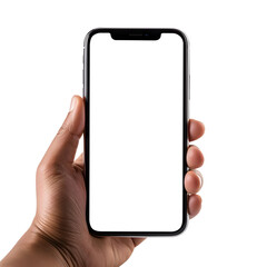 Man hand holding the smartphone with blank screen mockup, Cutout.