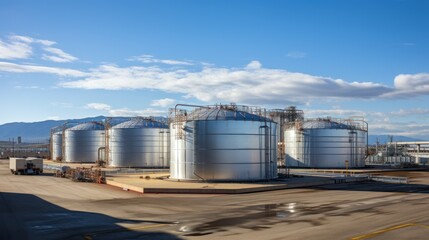 Large storage tanks and silos are used to store raw materials in industrial plants.