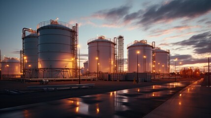 Large storage tanks and silos are used to store raw materials in industrial plants.