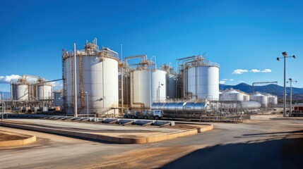 Obraz premium Large storage tanks and silos are used to store raw materials in industrial plants.