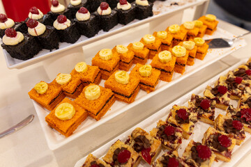 Sweet cakes on display in a restaurant