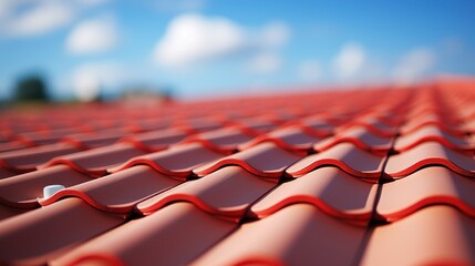 Photograph of New Roof, Close - up of red roof tiles against blue sky.