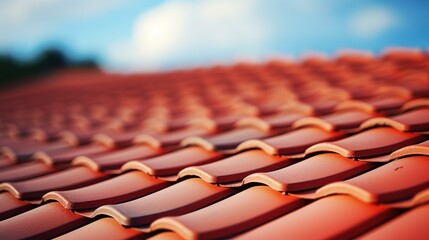 Photograph of New Roof, Close - up of red roof tiles against blue sky.