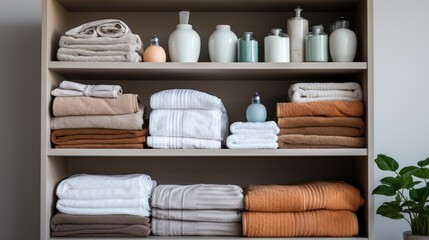 Photograph of Shelving unit with clothes in bathroom at house.