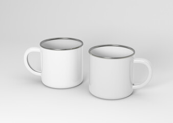 blank empty plain white set of two enamel mugs with sliver edge on isolated background - obrazy, fototapety, plakaty