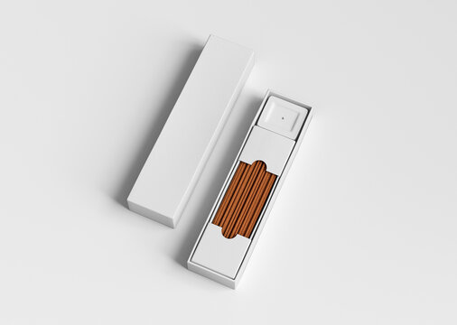 white plain empty blank vertical open incense packaging box with incense holder on isolated background