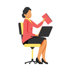 Fototapeta na wymiar Businesswoman sitting on chair and working with laptop. Vector illustration in flat style