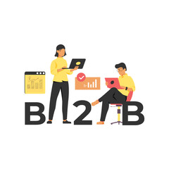 Businessman and businesswoman working together. B2B conceptual design in flat style vector illustration.