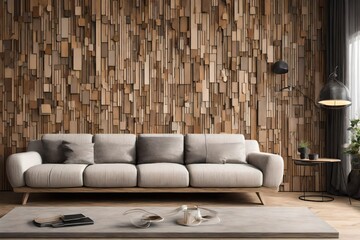  Interior of a contemporary living room with wooden wall panels and a sofa can create a warm and inviting atmosphere with a touch of modern elegance