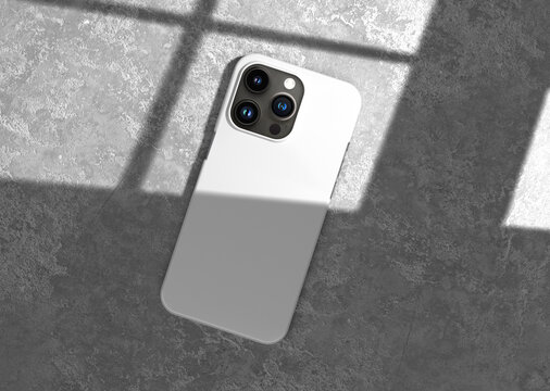 white plain empty blank iPhone plastic matt case on concrete floor with overlay shadow 