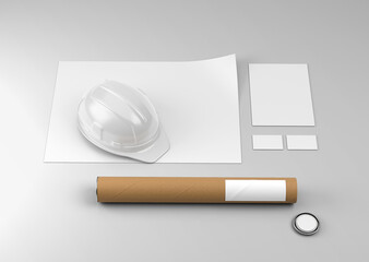 whit plain empty blank hard hat letterhead business card paper tube construction identity branding with rolled floor plan sheet on isolated background