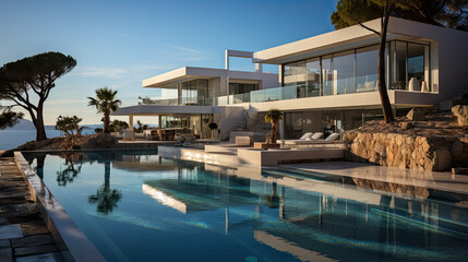Fototapeta premium Modern Cubic Villa with Large Pool and Sea View